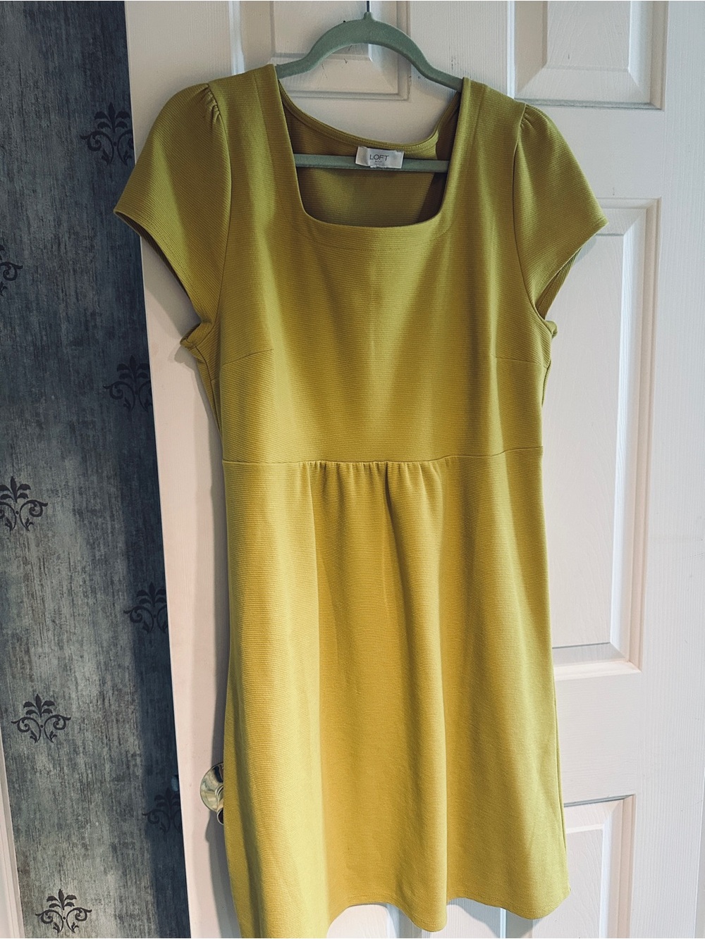 LOFT, worn once, gold/green (muted chartreuse) cap sleeve dress.